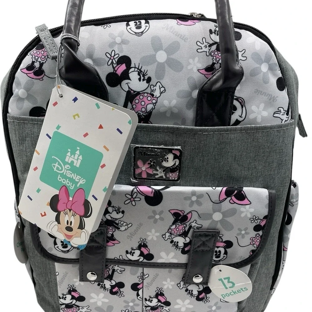 Disney Baby Minnie Mouse Diaper Bag Backpack Grey 13 Pockets Stroller Loops NWT